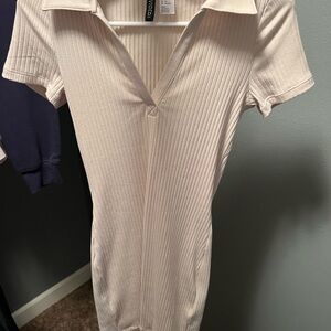 Cream Ribbed Short Sleeve Dress